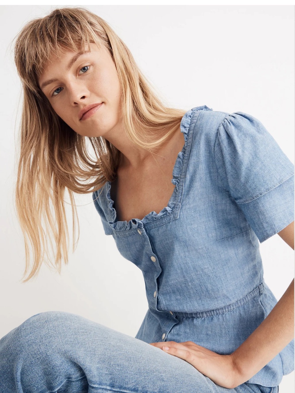 Madewell Chambray Ruffle Sleeve Peplum Cotton Top Size M